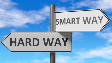 Obraz premium Hard way and smart way as a choice, pictured as words Hard way, smart way on road signs to show that when a person makes decision he can choose either option, 3d illustration