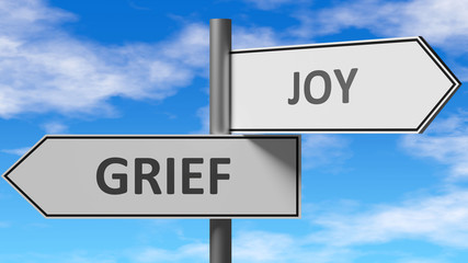 Fototapeta premium Grief and joy as a choice - pictured as words Grief, joy on road signs to show that when a person makes decision he can choose either Grief or joy as an option, 3d illustration