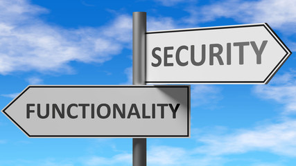 Functionality and security as a choice, pictured as words Functionality, security on road signs to show that when a person makes decision he can choose either option, 3d illustration