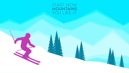 Skier silhouette. Winter background. Travel and sport. Landscape tourism. Travel banner. Vector design. Ski mountain. High speed. Winter blue ice frost background. Flat design 