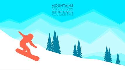 Snowboarder sliding from the mountain in winter vector illustration. Winter hiking. Sport activity. Equipment. Frost winter season. Snowboard mountains winter on white background. Flat design