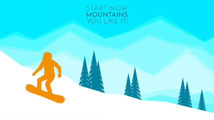 Snowboarder sliding from the mountain in winter vector illustration. Winter hiking. Sport activity. Equipment. Frost winter season. Snowboard mountains winter on white background. Flat design