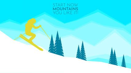 Skier jump. Ski.  Silhouette. Winter background. Travel and sport. Landscape tourism. Travel banner. Vector design. Ski mountain. High speed. Winter blue ice frost background. Flat design 