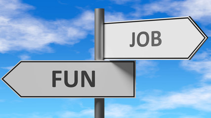 Fun and job as a choice - pictured as words Fun, job on road signs to show that when a person makes decision he can choose either Fun or job as an option, 3d illustration