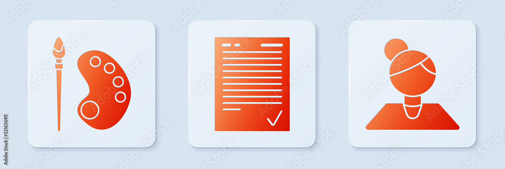 Poster set exam sheet with check mark, paint brush with palette and teacher. white square button. vector