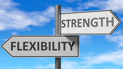 Flexibility and strength as a choice, pictured as words Flexibility, strength on road signs to show that when a person makes decision he can choose either option, 3d illustration