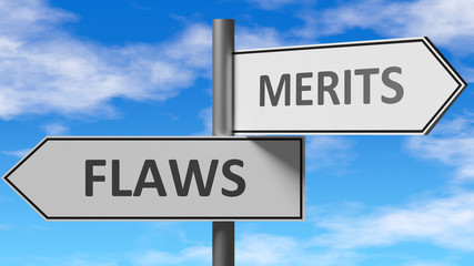 Flaws and merits as a choice - pictured as words Flaws, merits on road signs to show that when a person makes decision he can choose either Flaws or merits as an option, 3d illustration