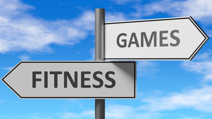 Fitness and games as a choice - pictured as words Fitness, games on road signs to show that when a person makes decision he can choose either Fitness or games as an option, 3d illustration