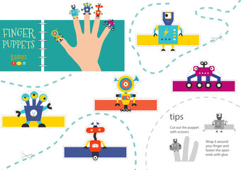 Fototapeta na wymiar Finger puppet vector robots. Cut and glue educational illustration for little children