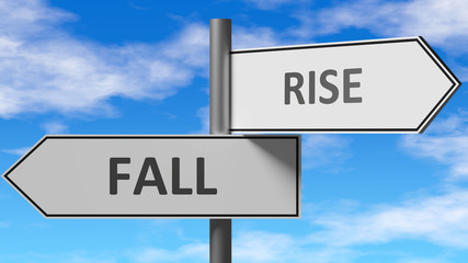 Fall and rise as a choice - pictured as words Fall, rise on road signs to show that when a person makes decision he can choose either Fall or rise as an option, 3d illustration