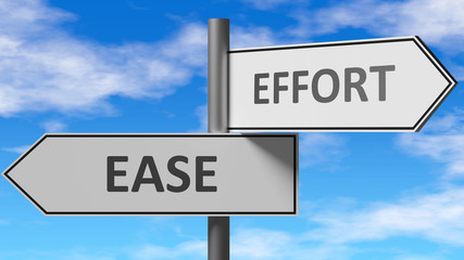 Fototapeta premium Ease and effort as a choice - pictured as words Ease, effort on road signs to show that when a person makes decision he can choose either Ease or effort as an option, 3d illustration