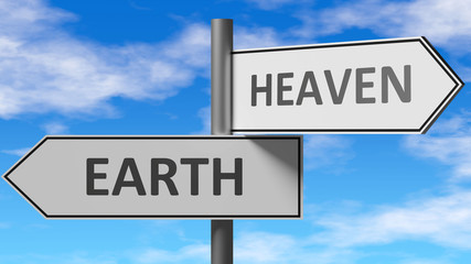 Fototapeta na wymiar Earth and heaven as a choice - pictured as words Earth, heaven on road signs to show that when a person makes decision he can choose either Earth or heaven as an option, 3d illustration
