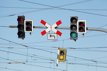 Traffic lights with traffic sign railroad crossing, Blue Sky,  Germany