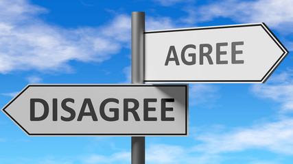 Disagree and agree as a choice - pictured as words Disagree, agree on road signs to show that when a person makes decision he can choose either Disagree or agree as an option, 3d illustration - obrazy, fototapety, plakaty