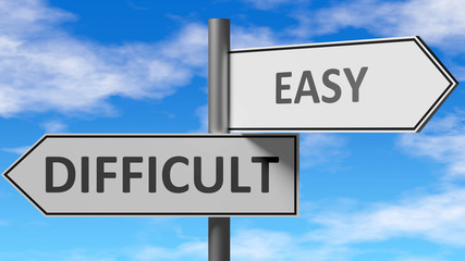 Fototapeta premium Difficult and easy as a choice - pictured as words Difficult, easy on road signs to show that when a person makes decision he can choose either Difficult or easy as an option, 3d illustration