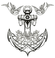 Vintage hand drawn anchor that consists of pictures of roses and shallowes. Isolated vector illustration  on white background. © Tania