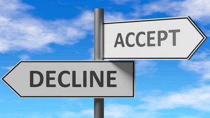 Decline and accept as a choice - pictured as words Decline, accept on road signs to show that when a person makes decision he can choose either Decline or accept as an option, 3d illustration