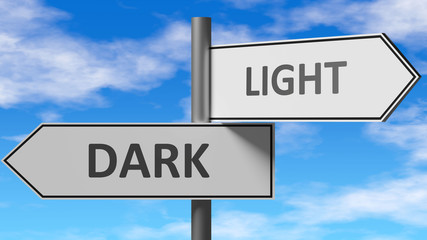 Dark and light as a choice - pictured as words Dark, light on road signs to show that when a person makes decision he can choose either Dark or light as an option, 3d illustration