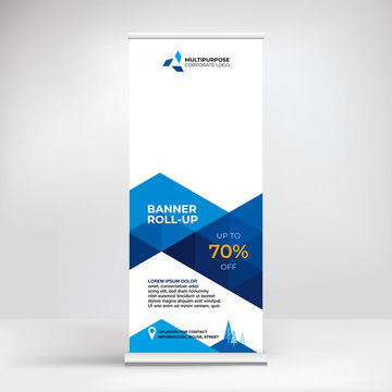 Roll-up stand, banner for mobile advertising of goods and services, modern graphic background for product presentation and promotion	