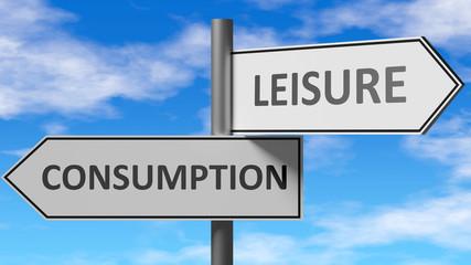 Obraz premium Consumption and leisure as a choice, pictured as words Consumption, leisure on road signs to show that when a person makes decision he can choose either option, 3d illustration