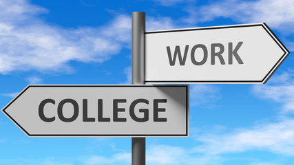 College and work as a choice - pictured as words College, work on road signs to show that when a person makes decision he can choose either College or work as an option, 3d illustration