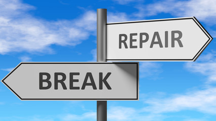Fototapeta na wymiar Break and repair as a choice - pictured as words Break, repair on road signs to show that when a person makes decision he can choose either Break or repair as an option, 3d illustration