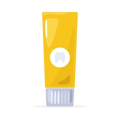 Yellow tube closed by cap. Template, mockup packing for toothpaste, shaving cream, body or face lotion. Toiletry, hygiene product. Vector cartoon illustration isolated on white background.
