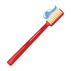 Light red toothbrush with extruded purple toothpaste. Personal, oral hygiene supplies, toiletries. Vector cartoon illustration isolated on white background for dental, stomatological projects.
