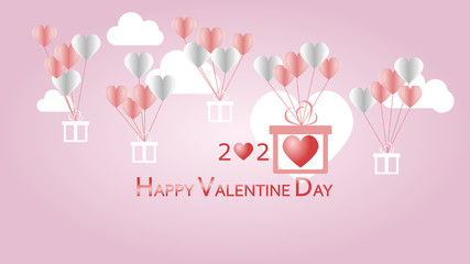 Special Gift box with Heart Balloons floating in the pink sky. Valentine Greeting Card.