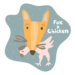 Sly fox caught prey chicken and holds in his teeth. Kid fox in flat style. Text fox and chicken. Mild dark green colored speech bubble. Isolated image for cards, animal ABC, kids room, education games
