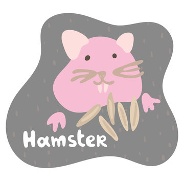 A little pink hamster eats grain and stuffs his cheeks with a food. Kid hamster in flat style. Text hamster in an brown speech bubble. Isolated images for cards, animal ABC, kids room, education games