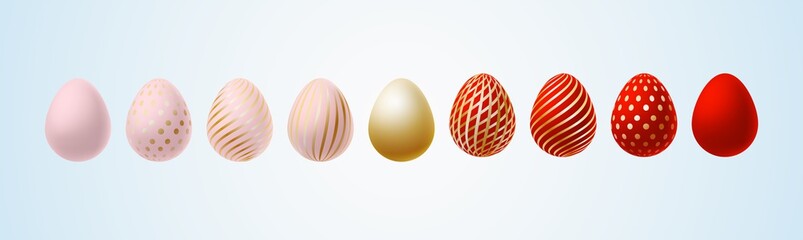 Easter egg Bright modern painted luxury egg for Easter Set of pink red gold elegant colored egg with different pattern on a light background Spring Easter sale card design element Vector icon art