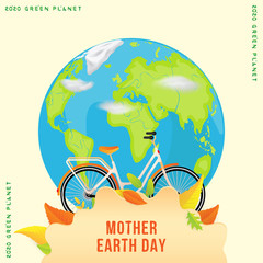 International Mother Earth Day with world map. Bicycle with leaves on a background of the globe. Concept on the theme of conservation of green nature. Flat vector illustration EPS10