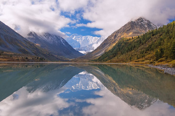 Beautiful mountain lake. High mountains, glacier, snow peaks. Reflections of mountains in the lake.