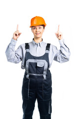 construction girl shows a gesture of the hand to the side. Isolated
