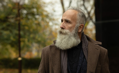 Fashionable senior man with gray hair and beard is outdoors on the street.