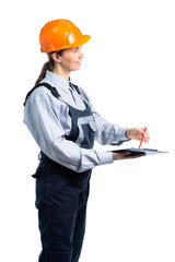 A female civil engineer stands side by side with a contract and waits for approval and signing. Isolated