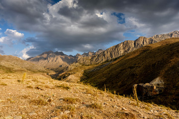 Panoramic view of the mountains at sunset in the Turkish national Park aladag in summer