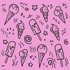 seamless pattern with ice cream on a pink background in doodle style. Outline. Sweet summer desert