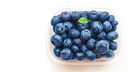 plastic container with blueberries on a white background. Place for your text. Top view, flatlay