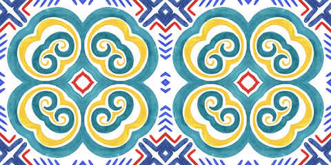 Embroidery in the traditions  of Peru, Aztecs and Maya. Geometric folk ornament fabric.  Colorful seamless pattern in Spanish, Mexican, African,  American Indian rug. Tribal embroidery. Old carpet.