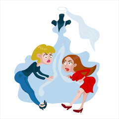 Illustration of two women brides are fighting for a wedding dress in a store. comic scene