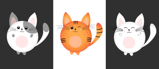 Set of cute and kawaii rounded cats. Red, spotted and white characters. Vector illustration. Print.