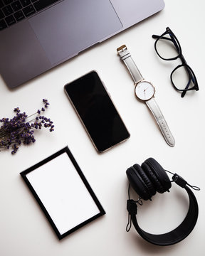 Style technology mockup. Cool business startup concept. Modern man accessories. Minimalism, white background.