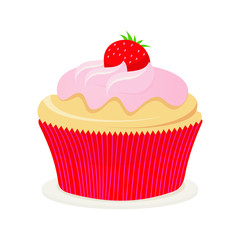 Sweet Cupcake vector illustration isolated on white background. Sweets muffins and cream with flat vector Illustration of cupcake with strawberry