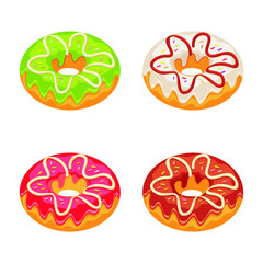 Set of colorful donuts isolated on white background vector illustration in flat style. donuts collection into glaze suitable for menu, cafe decoration, delivery box etc. 