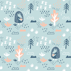 Children's seamless models with a Cute Hedgehog . Trees, vegetation, and Doodle elements. Children's drawn vector background . Ideal for children fabric, textiles, jewelry, wrapping paper