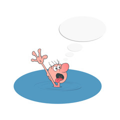 A cartoon man drowning in water and calling for help. Vector illustration.