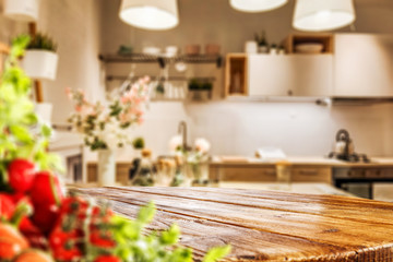 deskof free space and kitchen interior 