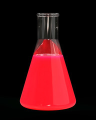 Erlenmeyer Flask. Glass Conical Lab Container Filled By Red Translucent Liquid. 3D Render Isolated on Black Background.